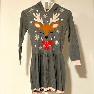 Reindeer sweater dress. Pink antlers on hood.